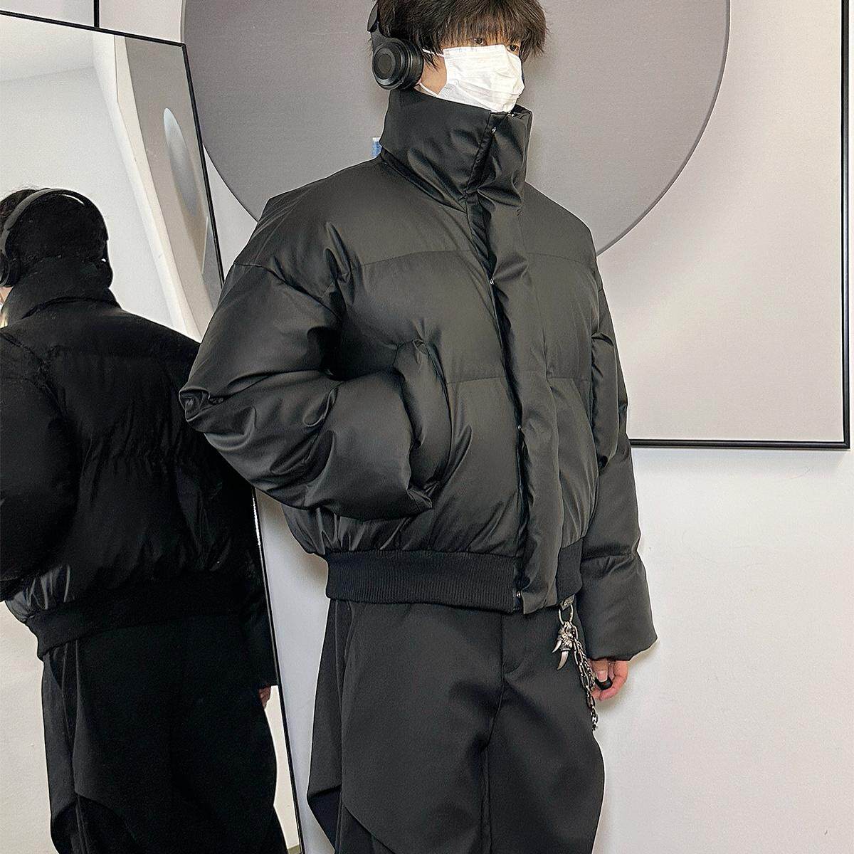 BUGU冬季户外防风PU皮棉衣男潮牌美式纯色加厚保暖短款棉服外套