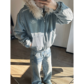 BUGU 美式 复古毛领连帽牛仔外套 男女水洗蓝加厚保暖街头夹克棉服