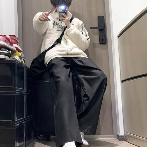 BUGU高级感美式垂感黑色阔腿西裤cleanfit男女通勤复古休闲长裤