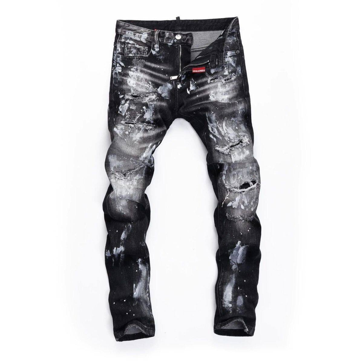 轻奢D2高版本欧美潮牌牛仔裤男黑色泼墨破洞补丁修身小脚时尚帅气