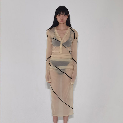 WEARABLE EVENT 透视双V领连衣裙小众拼接撞色衬衫长裙设计感潮