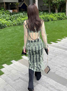 WEARABLE EVENT 小众设计蕾丝拼接皮领衬衫撞色叠穿排扣开衩半裙