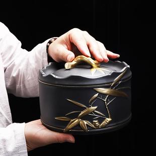 黑陶密封罐大号储茶罐子伴手礼品 复古茶叶罐陶瓷描金木纹礼盒套装