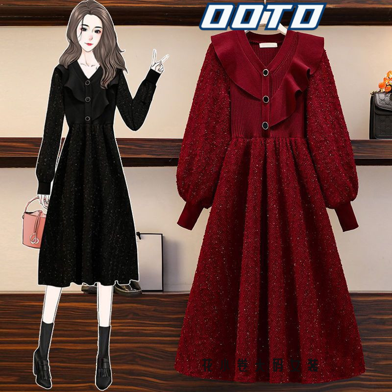 2025秋冬新款荷叶边领显瘦收腰a字裙子中长款大码针织女装连衣裙