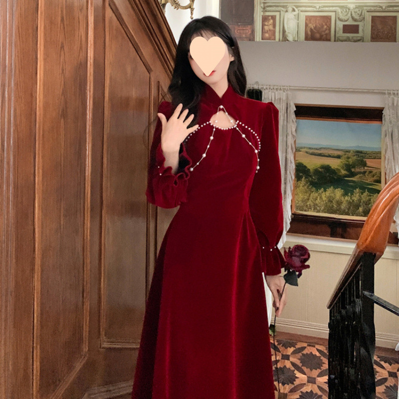 大码胖新款订婚宴礼服女红色高级感长袖旗袍连衣裙胖mm显瘦遮肉女