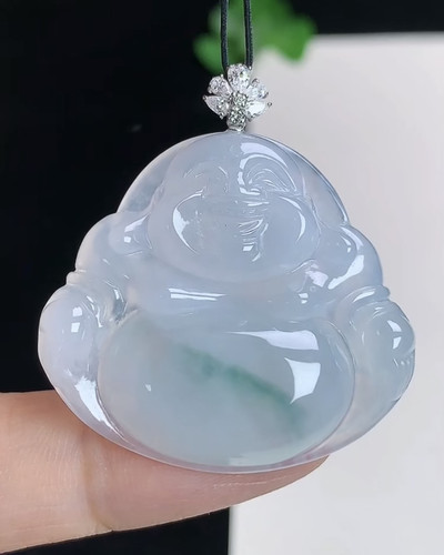 天然A货翡翠 缅甸正品玉坠  18k金镶冰种飘花笑口佛 佛公吊坠