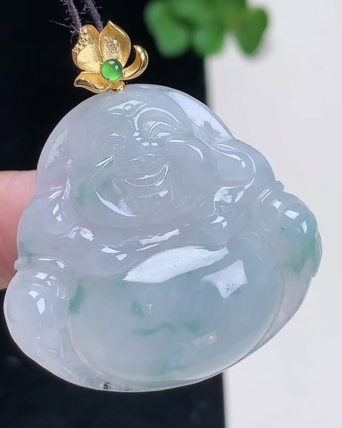 缅甸天然A货翡翠 18k金镶冰种飘花笑佛 佛公吊坠