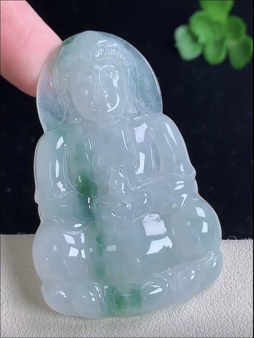 天然A货翡翠 缅甸正品玉坠 冰润正装飘花宝瓶观音菩萨吊坠 平安