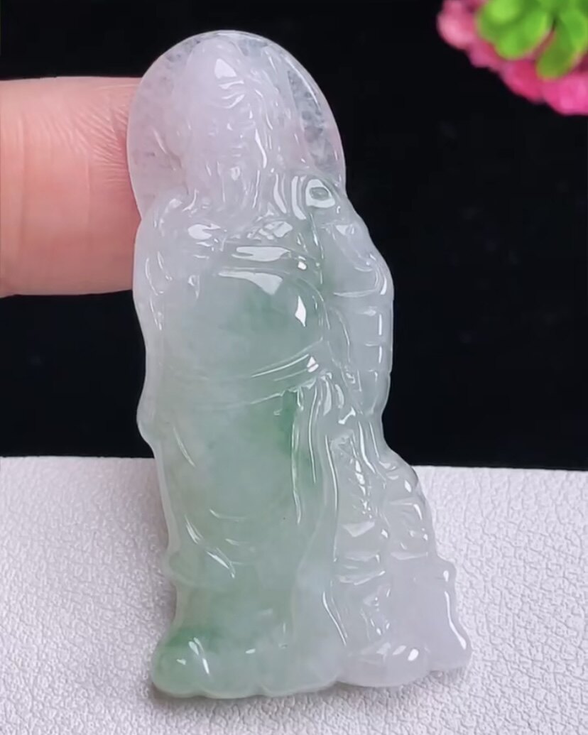 天然A货翡翠 缅甸正品玉坠 冰润飘花忠义关公吊坠