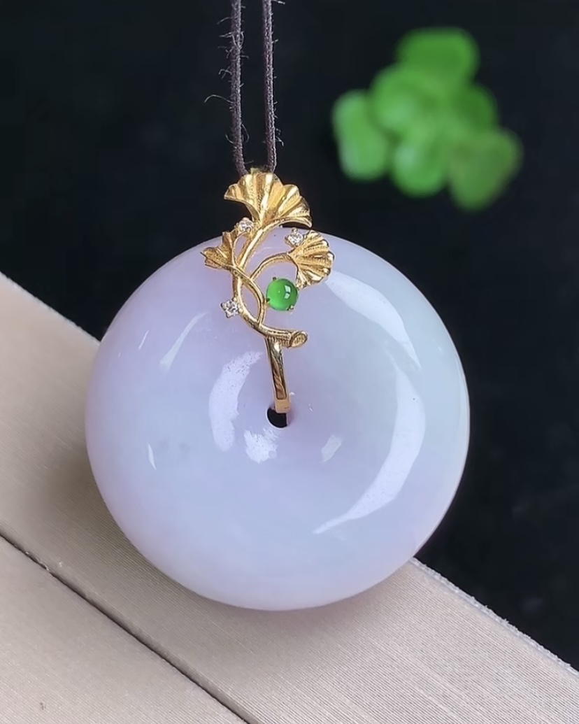 天然A货翡翠 缅甸正品玉坠 18k金镶紫罗兰平安扣 面包扣吊坠