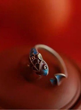 S925纯银招财转运珐琅锦鲤鱼戒指复古小众宫廷中国风女款食指开口