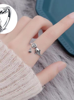 招财转运锦鲤戒指女戒个性复古食指小众设计潮开口可调节S925纯银
