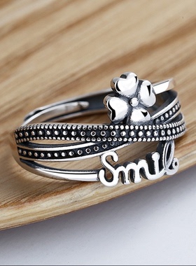 S925纯银幸运四叶草戒指女款小众招财饰品复古轻奢高级感设计食指