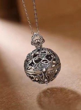 S925纯银香囊球挂件项链祥云吊坠镂空可打开香薰球香丸女款复古风