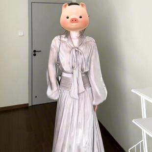 2025开春搭配一整套韩系紫色V领衬衫半身裙重要场合绝美两件套装