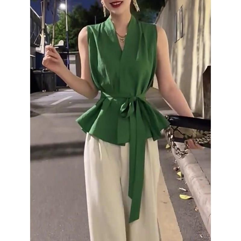 轻奢高级感气质御姐风绿色V领衬衫夏季洋气高端系带收腰显瘦上衣