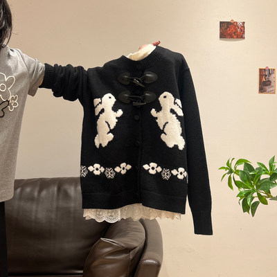 黑色针织长袖开衫毛衣女