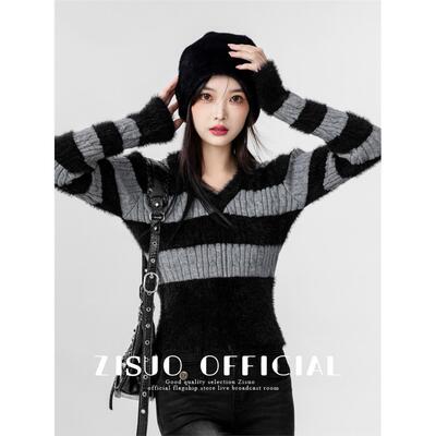 2025春秋新款覆古撞色v领