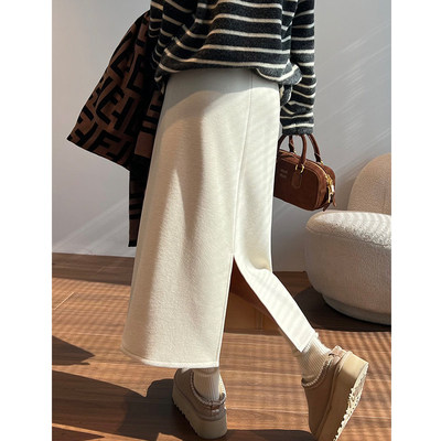 米白色羊毛呢开叉半身裙
