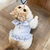 猫咪衣服夏季 连衣裙防掉毛清新格子蝴蝶结吊带公主裙宠物服饰 薄款