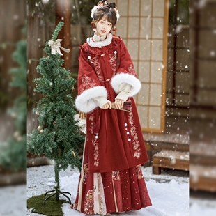 原创汉服女【烛窗花】明制对襟加绒长袄外套红色拜年服套装冬季款