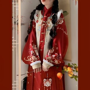 冬款 明制加绒比甲马面裙红色拜年服新年战袍套装 年 原创汉服女