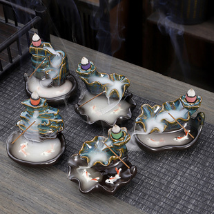 新款倒流香炉创意家居摆件陶瓷炉工艺品禅意双鱼回流檀香观赏