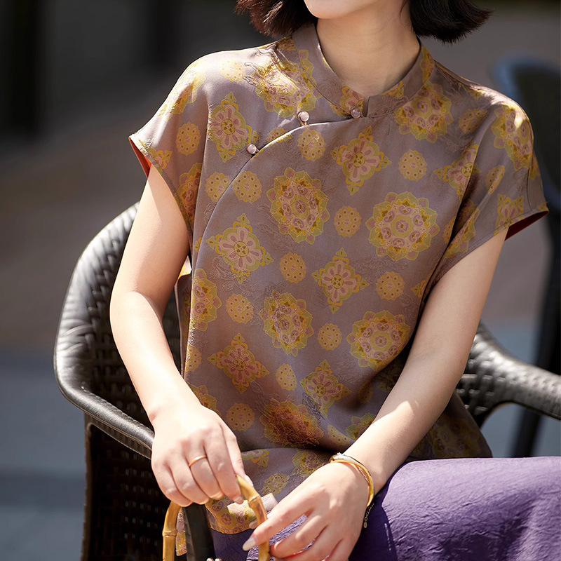 香云纱新中式旗袍桑蚕丝小衫红云纱提花真丝上衣高端女装新款