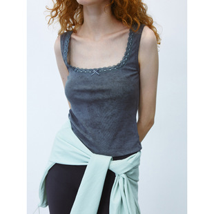 新款 COLNE夏季 设计感天丝棉蕾丝边螺纹方领吊带背心女 共线