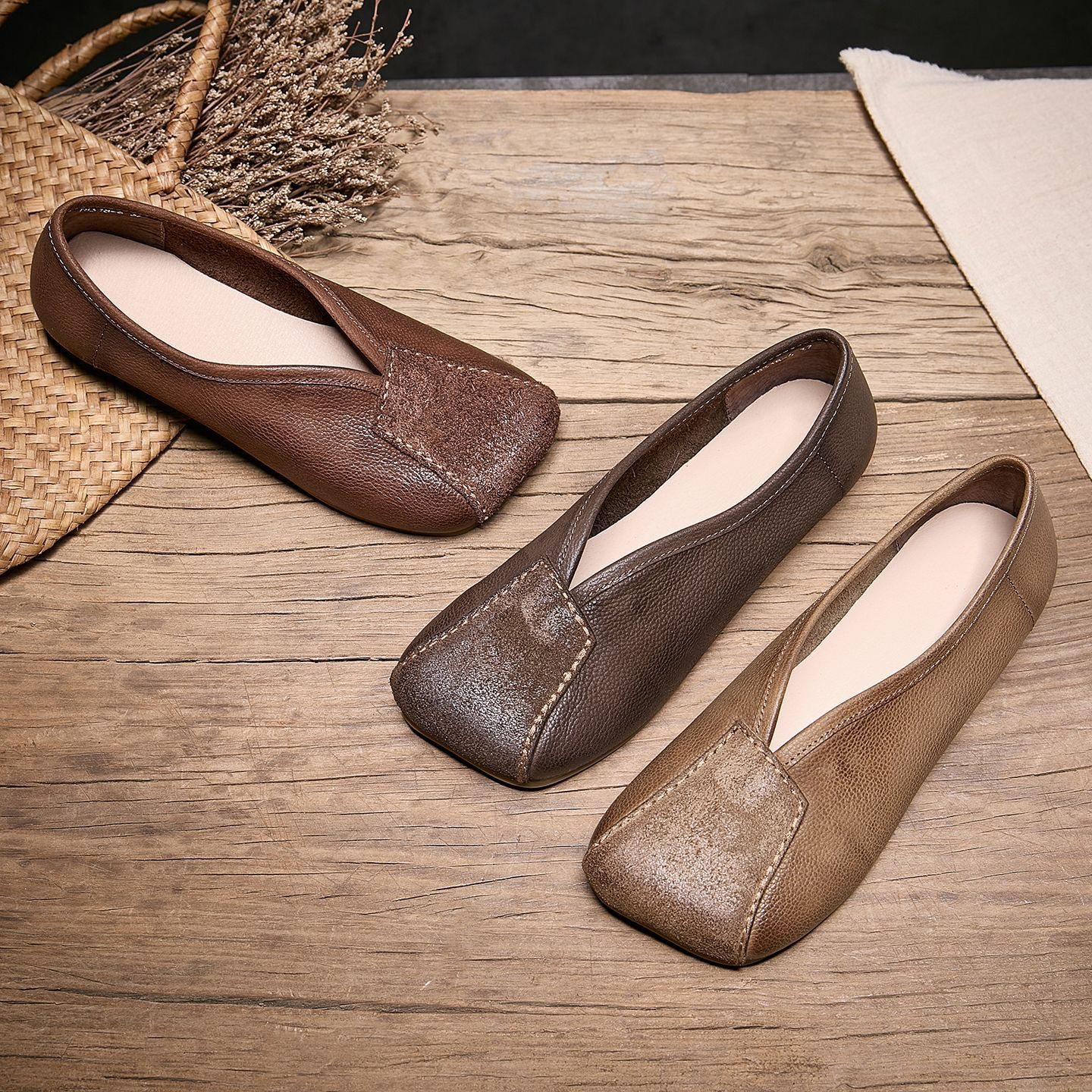 且朴2026年春秋新款复古方头平底舒适软面单鞋通勤时尚休闲女鞋,女鞋,浅口单鞋,淘宝优惠券,粉丝福利购,淘宝优惠卷