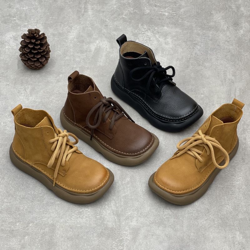 2025秋冬新款手工复古文艺真皮短靴棉麻风格宽头系带头层牛皮女靴