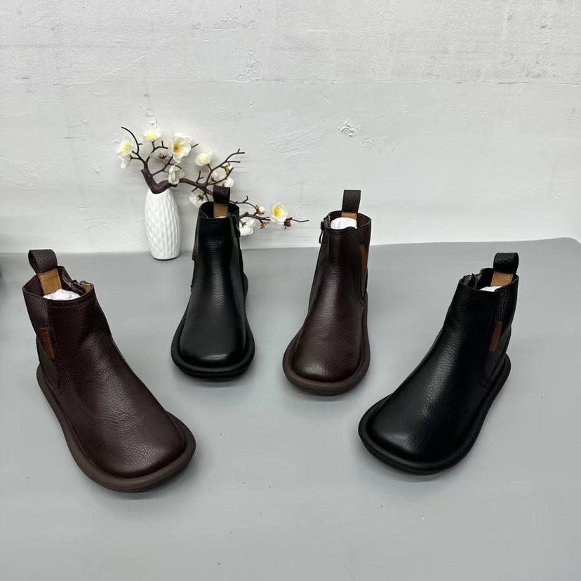 头层牛皮原创复古休闲鞋2023秋季新款短靴软底软面圆头侧拉锁单靴