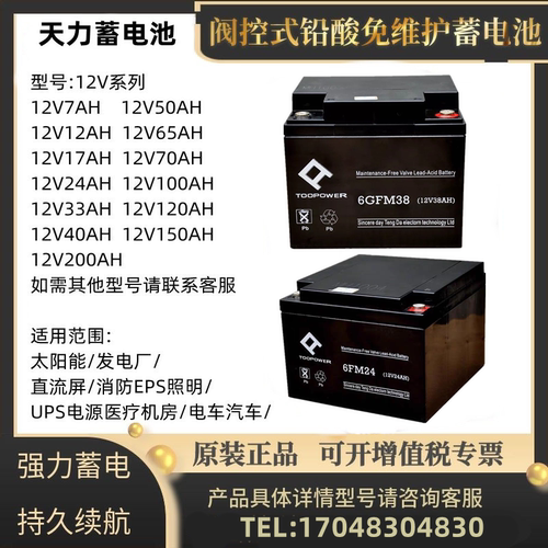TOOPOWER天力蓄电池6GFM65 12V7A12A17A24A33A38A40A65A100A120AH