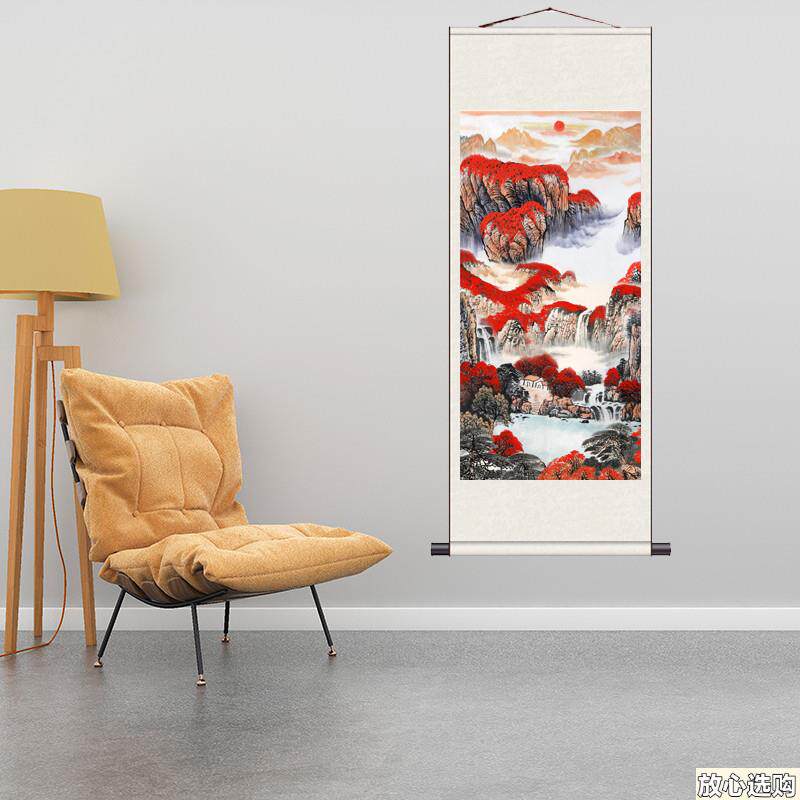 巨幅山水鸿运当头聚宝盆山水挂画定制丝o绸字画卷轴画已裱玄关装