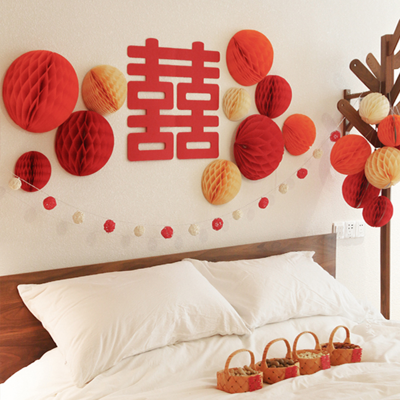 panparty喜字纸扇花墙蜂窝结婚