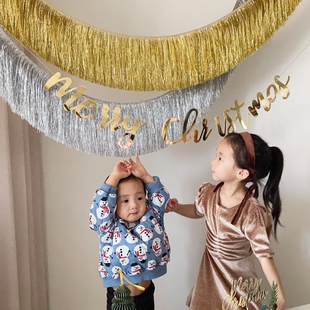 饰生日派对场景布置 PanParty圣诞新年金银彩色雨丝帘背景墙流苏装