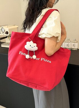 2024新款红色字母帆布包Famous For Pizza同款oversize大容量包