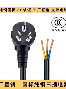 国标纯铜三芯3插AC插头带线连接线三孔0.75/1/1.5/2.5平方电源线