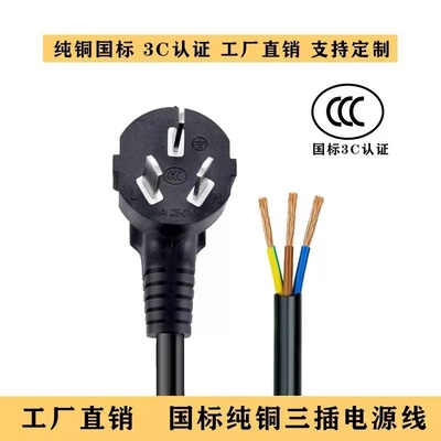 国标纯铜三芯3插AC插头带线连接线三孔0.75/1/1.5/2.5平方电源线