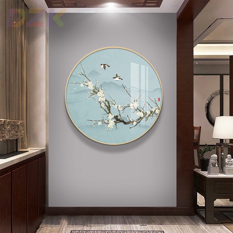 现代圆形花鸟装饰画玄关过道客厅沙发背景墙挂画壁画古风晶瓷墙.5图片