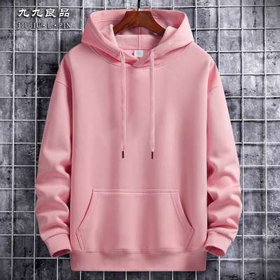 春秋冬美式潮牌连帽卫衣男薄款纯棉运动加绒外套情侣款帽衫女粉色