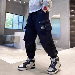 男童工装裤春秋冬2026新中大童潮酷帅气加绒加厚束脚裤儿童休闲裤