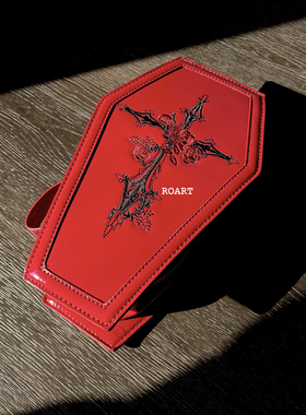 ROART 棺材手提包吸血鬼暗黑摇滚哥特朋克红色漆皮刺绣化妆包手提