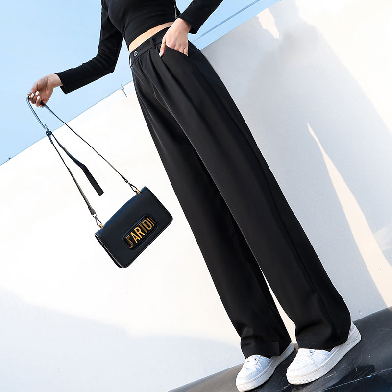 阔腿裤女高腰垂感西装直筒宽松显瘦裤子夏季冰丝铜氨丝黑色拖地裤