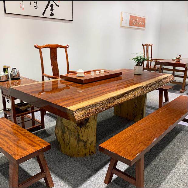 奥坎木大板茶桌花实梨木整板木台面大半台家原用餐桌大尺公寸办桌