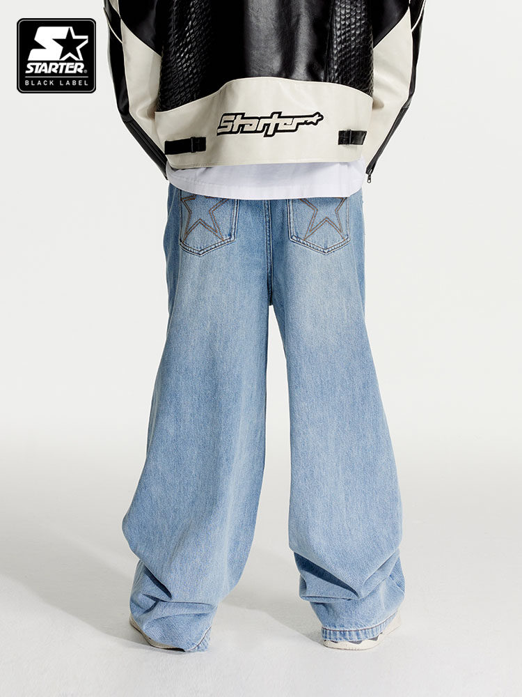 STARTER 청바지 남성 미국 순면 통근 다재다능한 루즈 캐주얼 찢어진 와이드 팬츠 바지