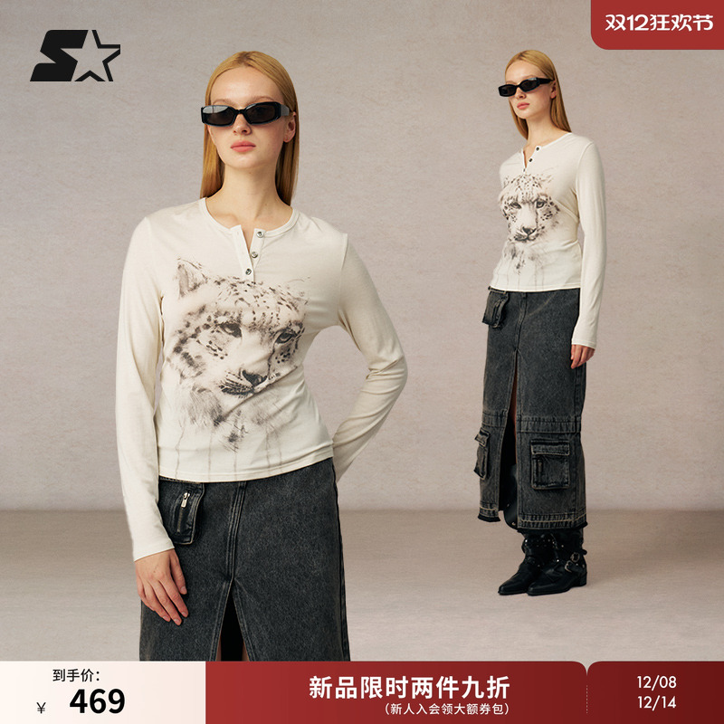 STARTER长袖T恤2025秋冬新款时尚百搭女款紧身羊毛打底衫上衣