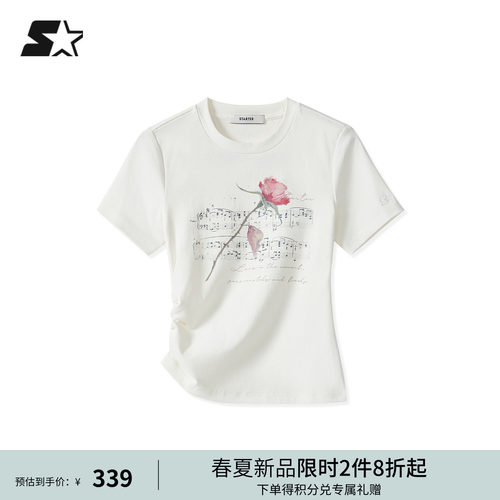 STARTER短袖T恤2026夏季新款百搭修身玫瑰印花女款休闲运动上衣