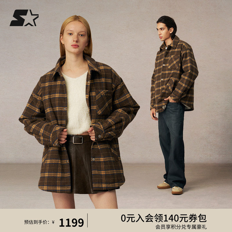 STARTER格纹棉服春秋新款保暖女款衬衫男休闲格子运动上衣外套