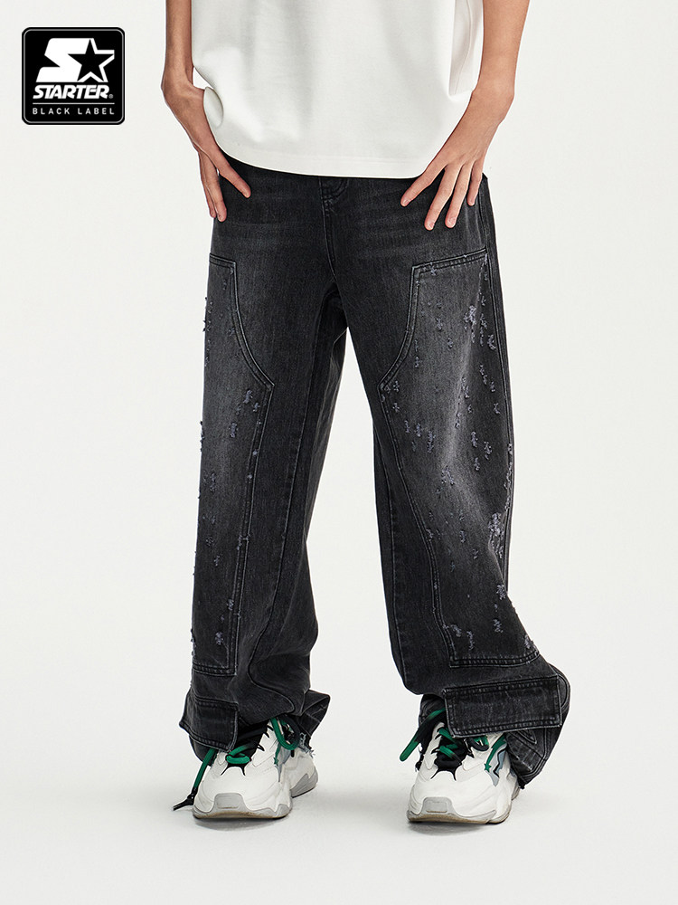 STARTER JEANS 퓨어 코튼 2024 여름 뉴 데님 바지 찢어진 그레이 유니섹스 바지